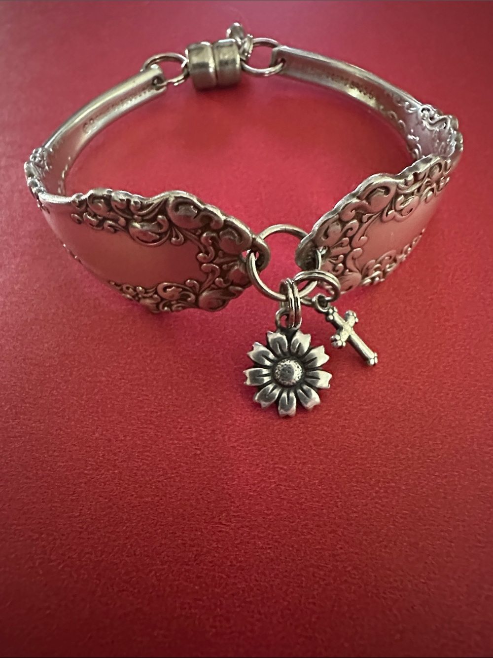 Silver Floral Spoon Bracelet with Sunflower & Cross Charms - Silver